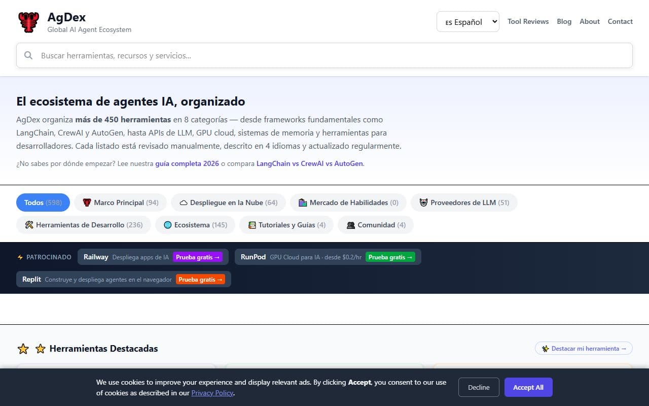 AgDex - Curated global directory of AI agent tools, frameworks, LLM APIs, infrastructure, tutorials, and dev