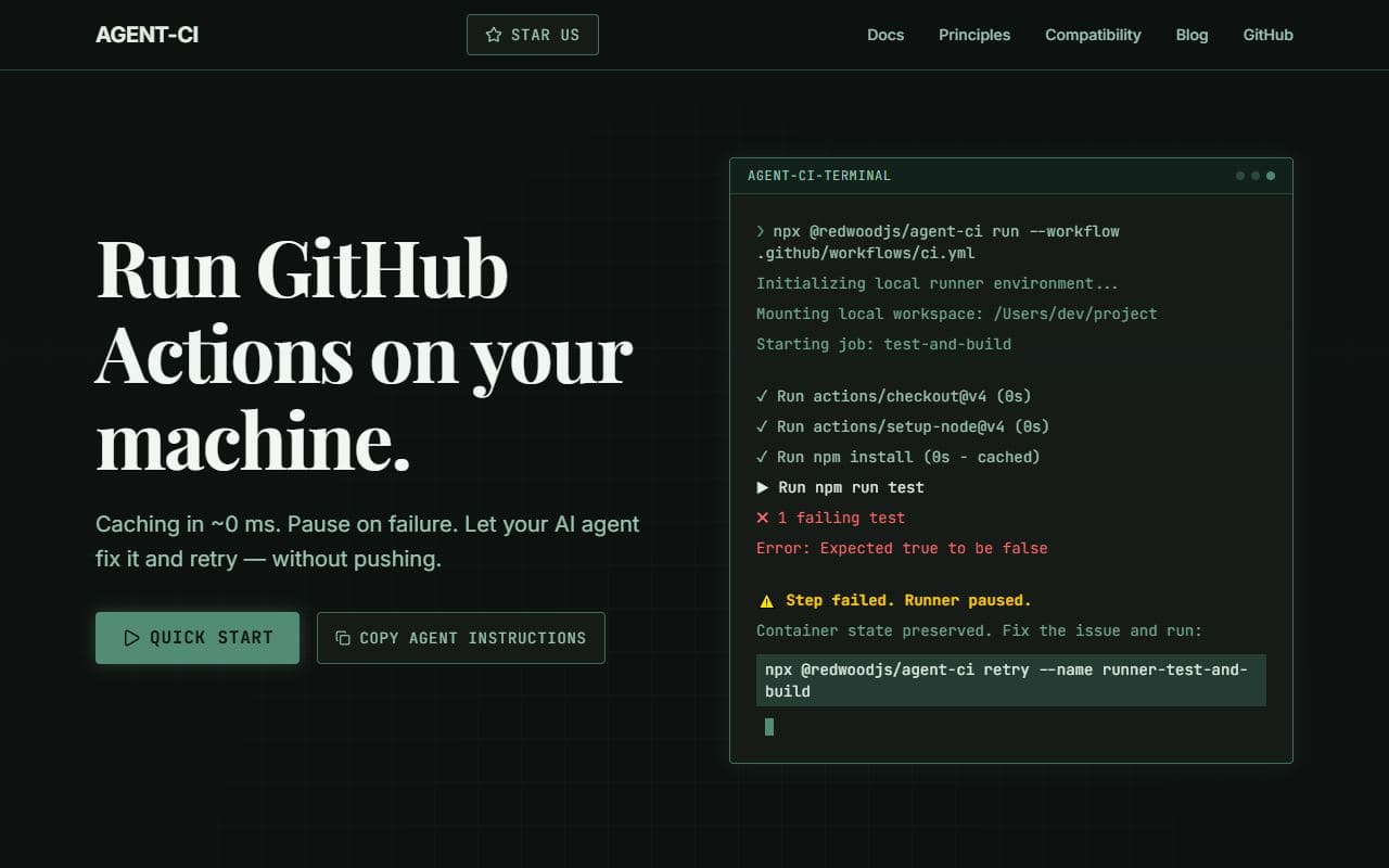 Agent CI - Local GitHub Actions runner designed for AI-agent development loops and repeatable validation.