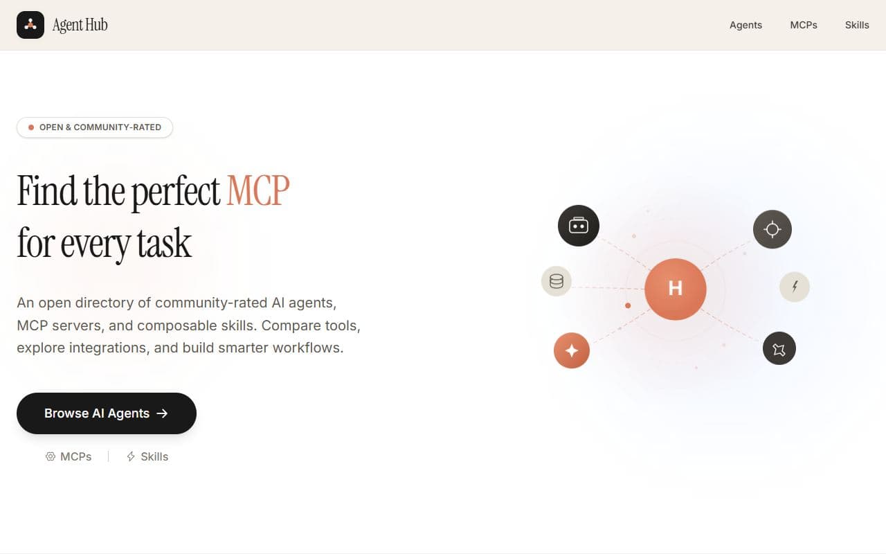 Agent Hub - Open directory of AI agents, MCP servers, and reusable skills with ratings and discovery pages.