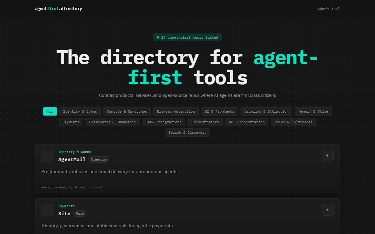 AgentFirst Directory - Curated directory of agent-first tools across identity, browser automation, payments, memory, orches