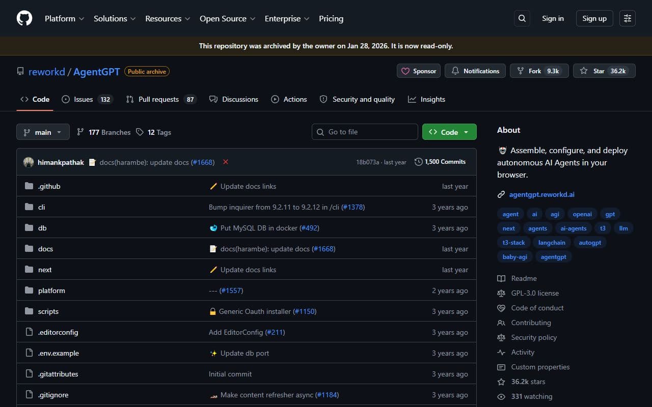 AgentGPT - Archived open-source browser-based autonomous agent project for assembling, configuring, and deployi