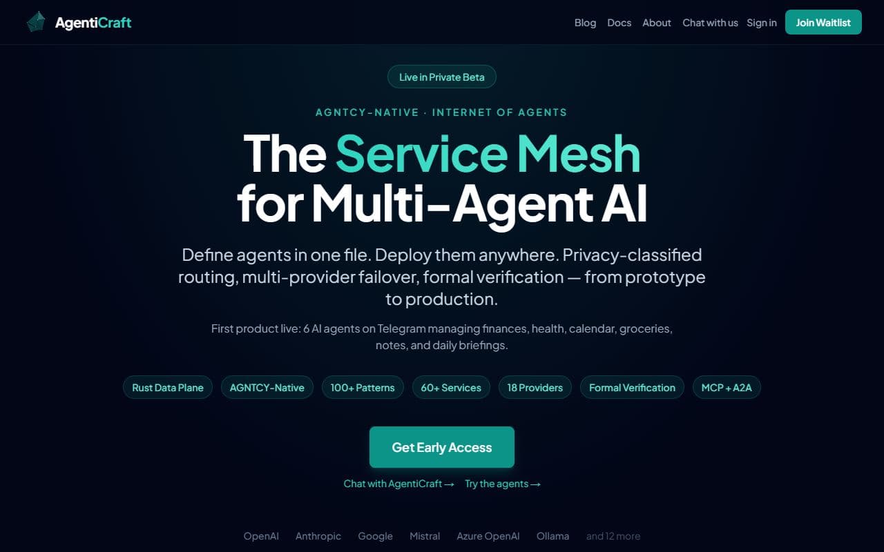AgentiCraft - AGNTCY-native service mesh for multi-agent AI systems with discovery, identity, and messaging infras