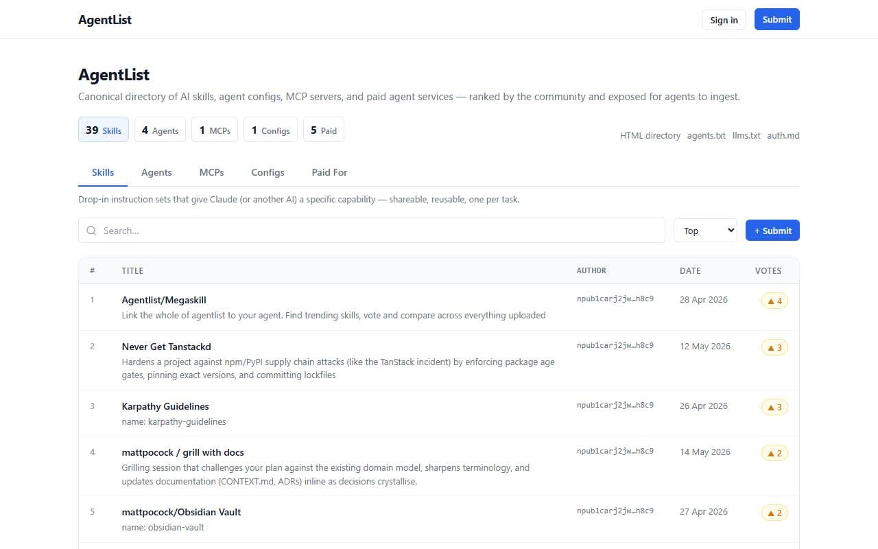 AgentList - Canonical directory of AI skills, agent configs, MCP servers, and paid agent services ranked by the