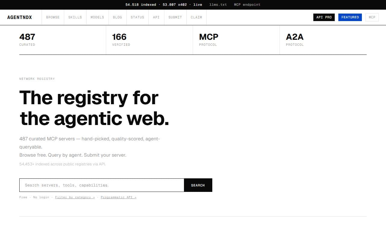 AgentNDX - Network registry for the agentic web, including MCP servers, A2A agents, and x402-enabled services.
