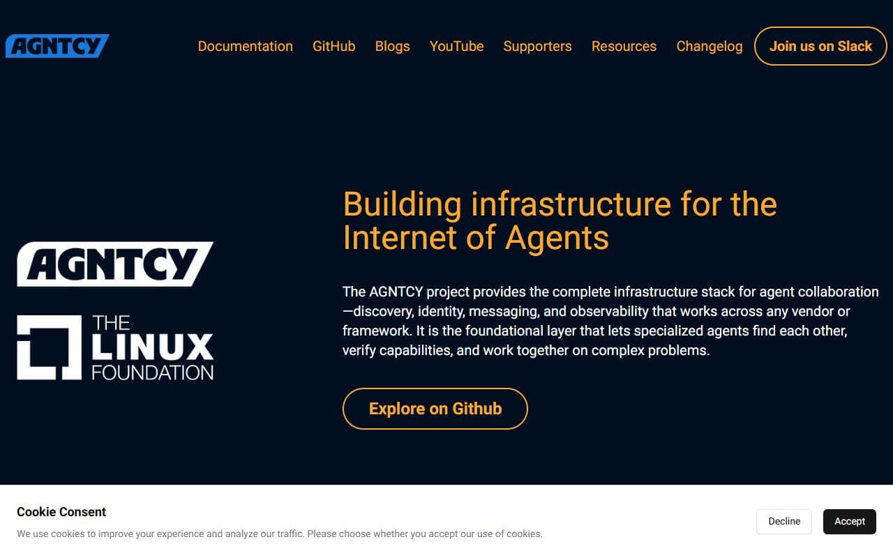 AGNTCY - Linux Foundation open-source infrastructure project for discovery, identity, messaging, observabilit