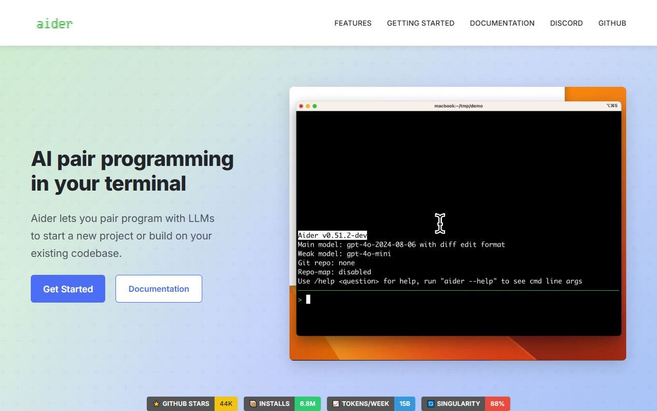 Aider - AI pair-programming agent that runs in the terminal, maps a codebase, edits files, and can auto-comm