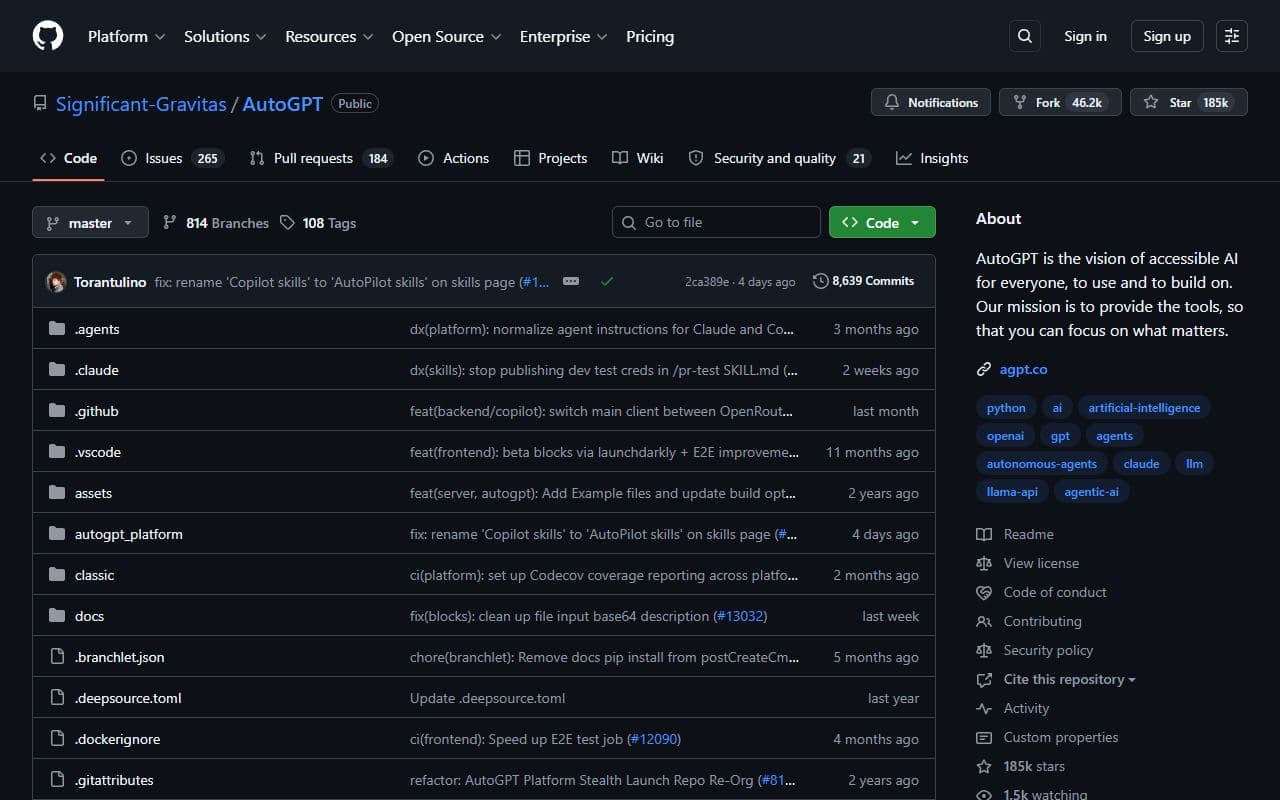 AutoGPT - Open-source platform for creating, deploying, and managing continuous AI agents that automate comple