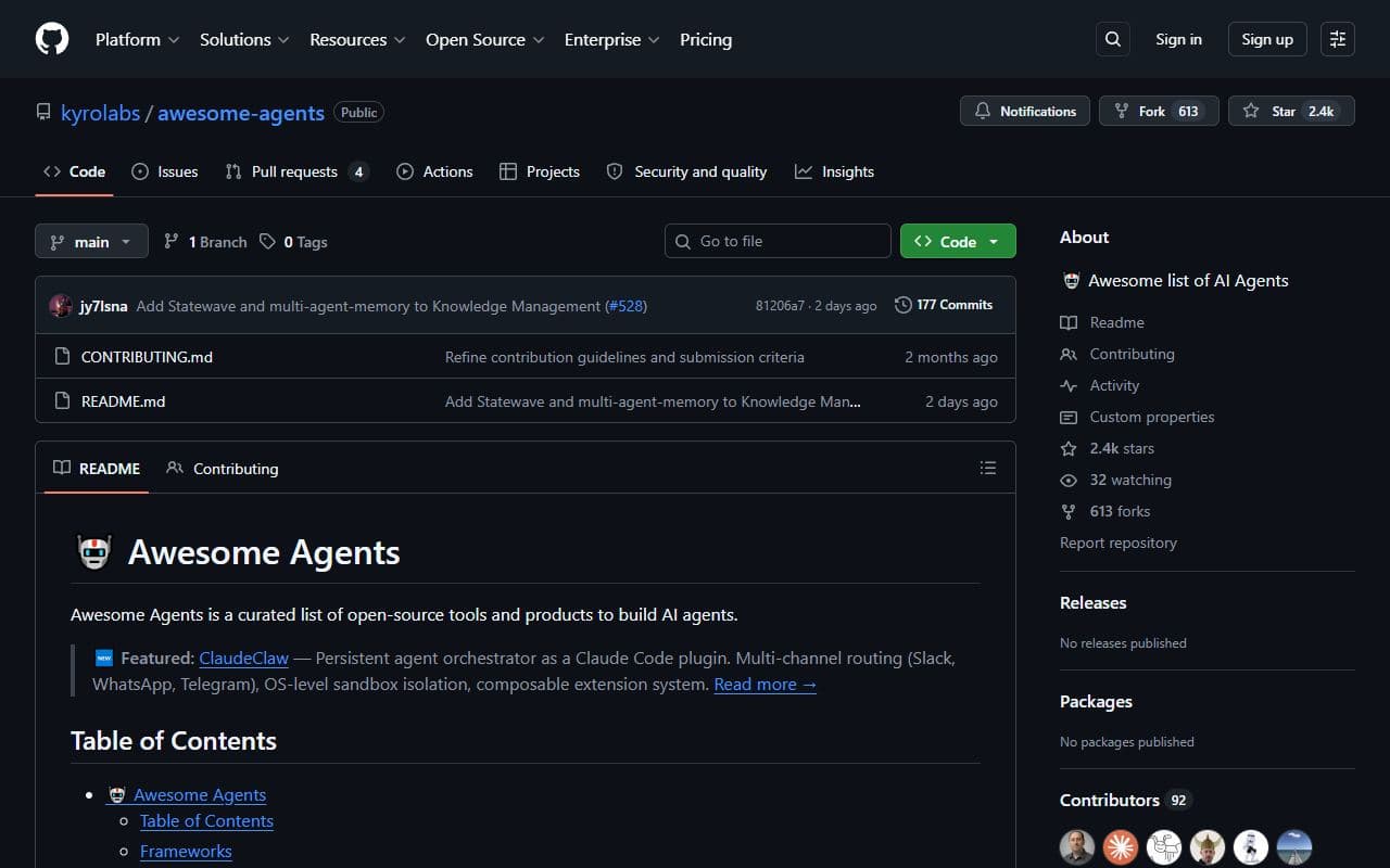 Awesome Agents - Curated GitHub list of AI agents, frameworks, protocols, papers, and tooling resources.