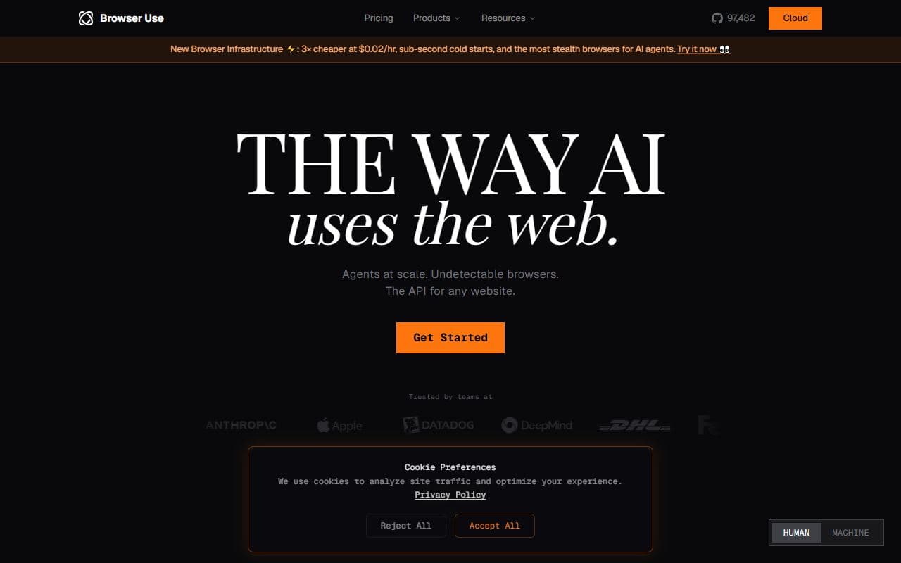 Browser Use - Browser automation framework and cloud service that makes websites accessible to AI agents through p