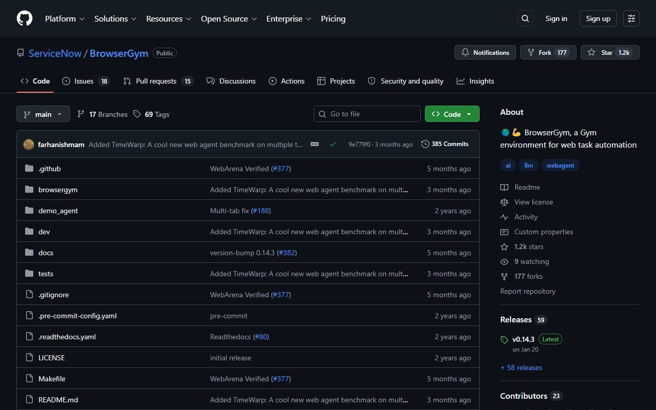 BrowserGym - Open-source framework for training, evaluating, and benchmarking web agents in browser environments.