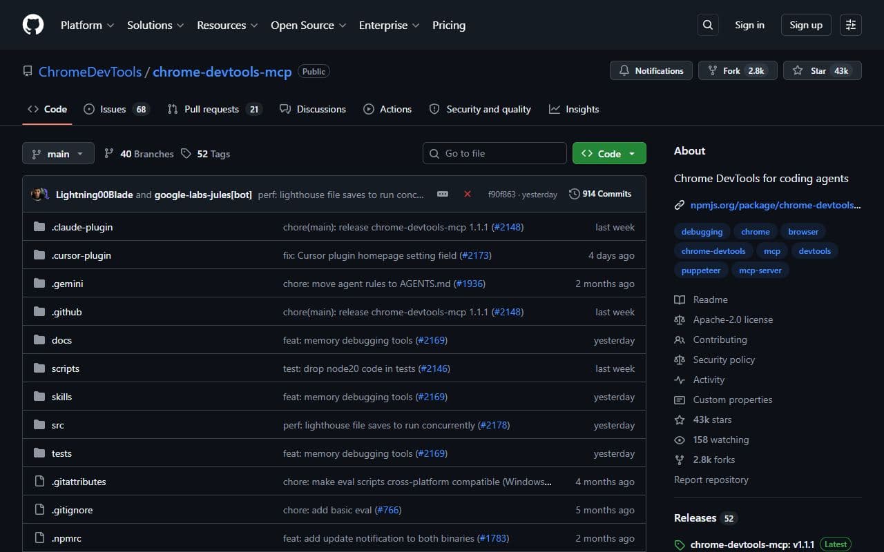 Chrome DevTools MCP - Official Chrome DevTools MCP server that lets coding agents inspect, debug, and control a live Chrom