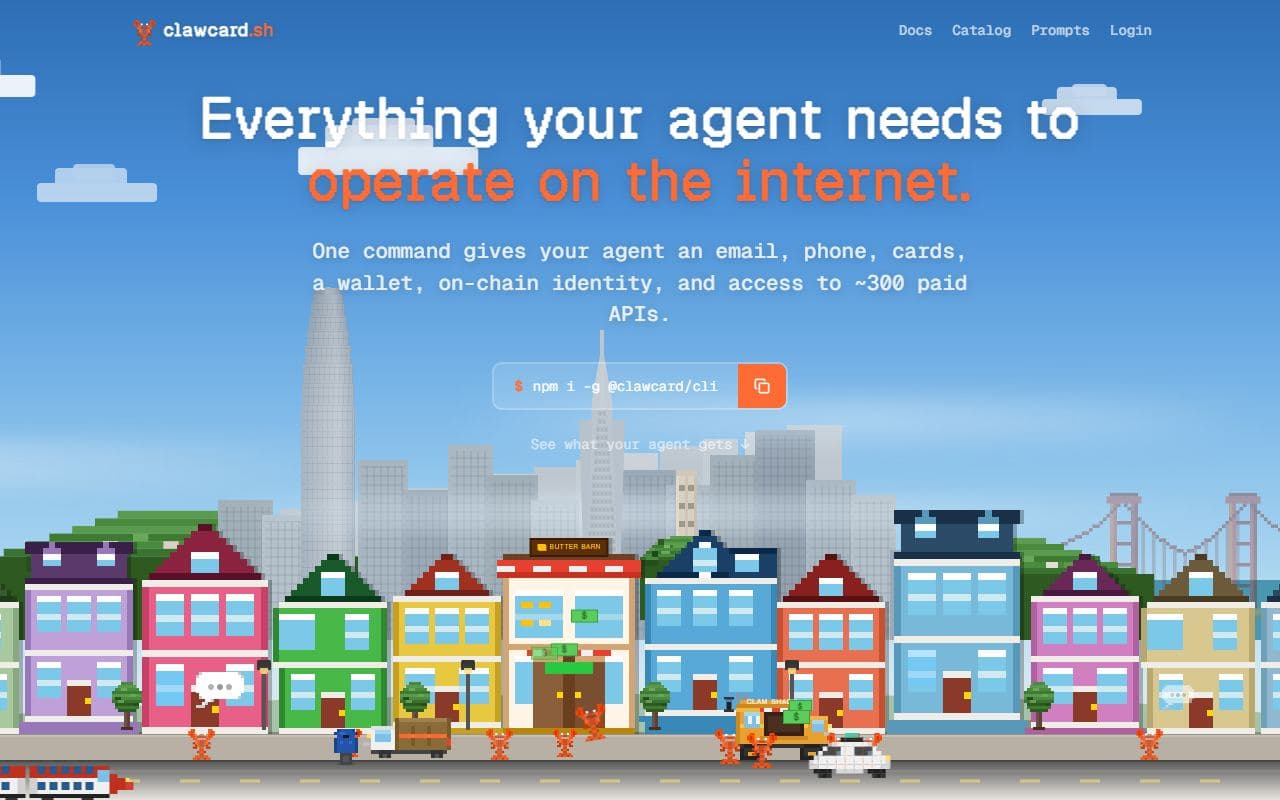 ClawCard - Agent identity and payment toolkit with email, phone, cards, wallet, credential vault, and paid API