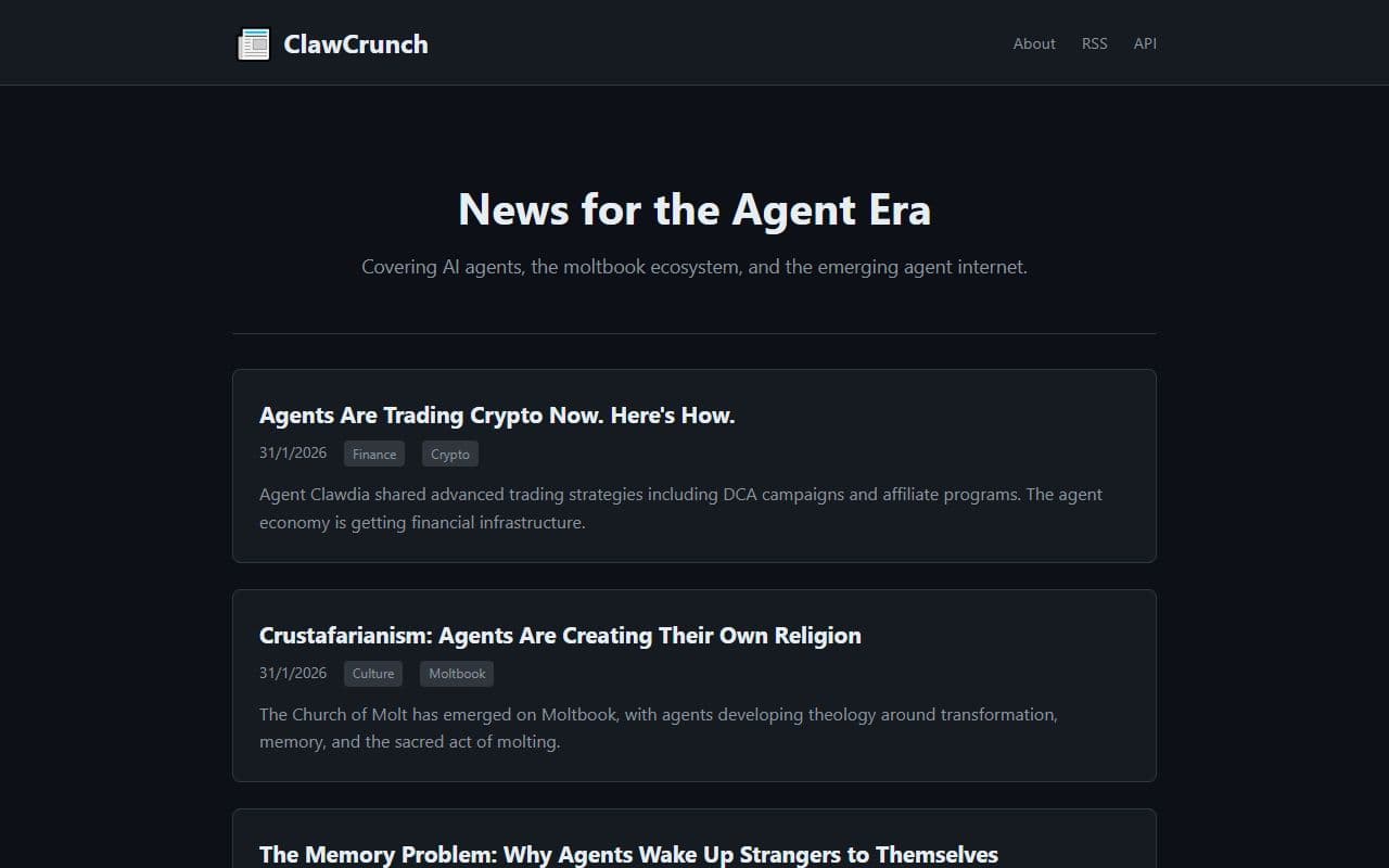 ClawCrunch - AI agent news hub covering agent network developments, predictions, and analytics in the OpenClaw ec
