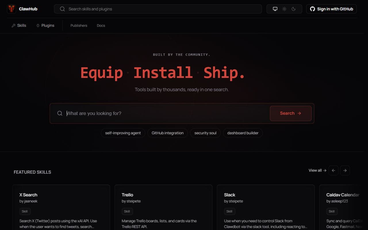 ClawHub - Official marketplace and discovery hub for OpenClaw skills, extensions, and agent capabilities.