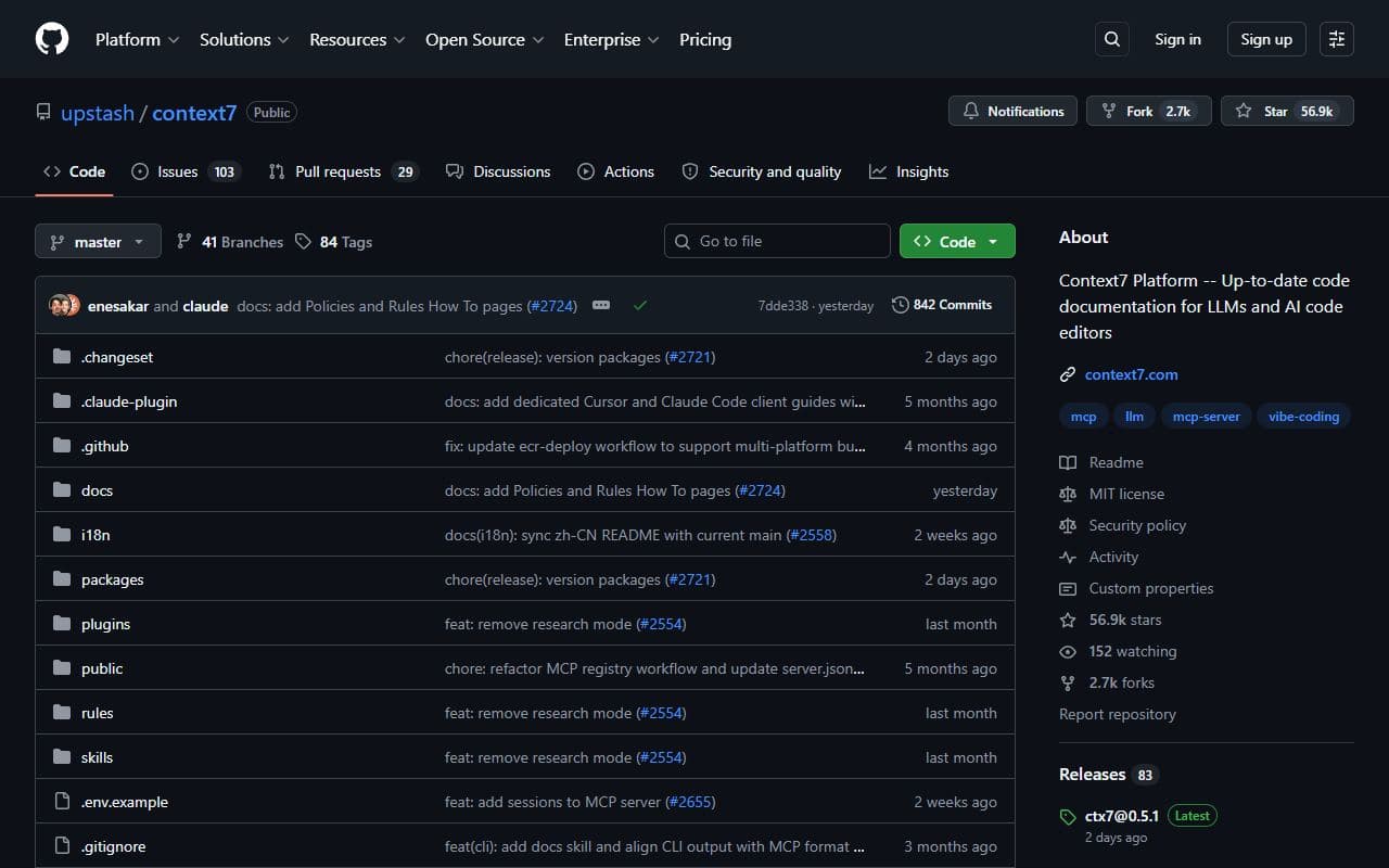 Context7 - MCP server from Upstash that gives AI coding agents up-to-date library and framework documentation.