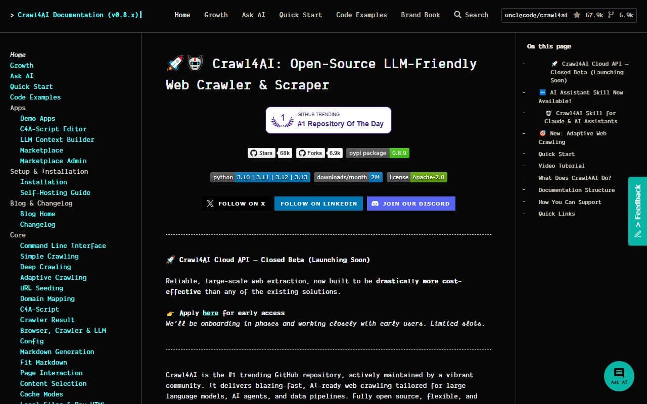 crawl4ai - Open-source LLM-friendly crawler and scraper for extracting clean structured content for AI and RAG