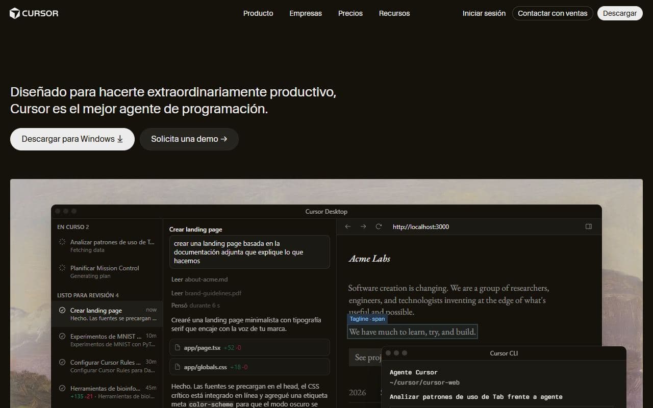 Cursor - AI code editor with agent mode, background agents, codebase context, terminal actions, and multi-fil