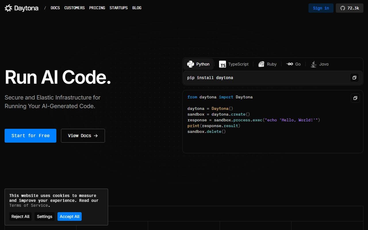 Daytona - Secure infrastructure for running AI-generated code, restoring agent workflows, and managing sandbox