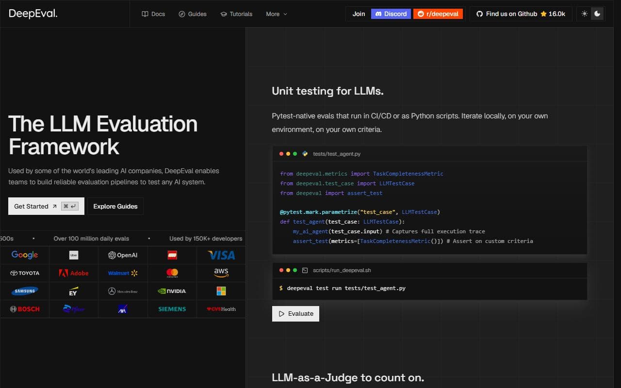 DeepEval - Open-source LLM evaluation framework for testing AI agents, RAG systems, chatbots, and model-powered