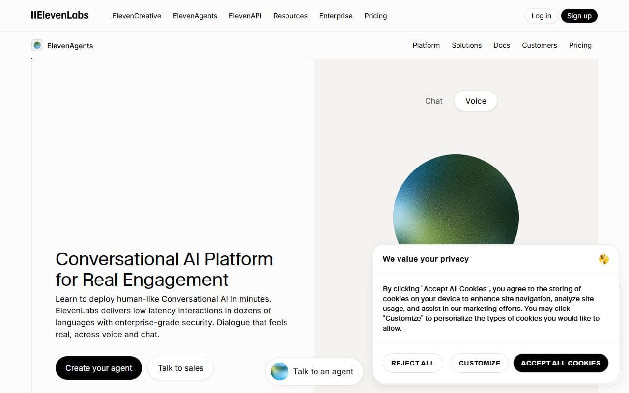 ElevenLabs Conversational AI - Platform for launching voice agents with speech synthesis, real-time conversation, and workflow inte
