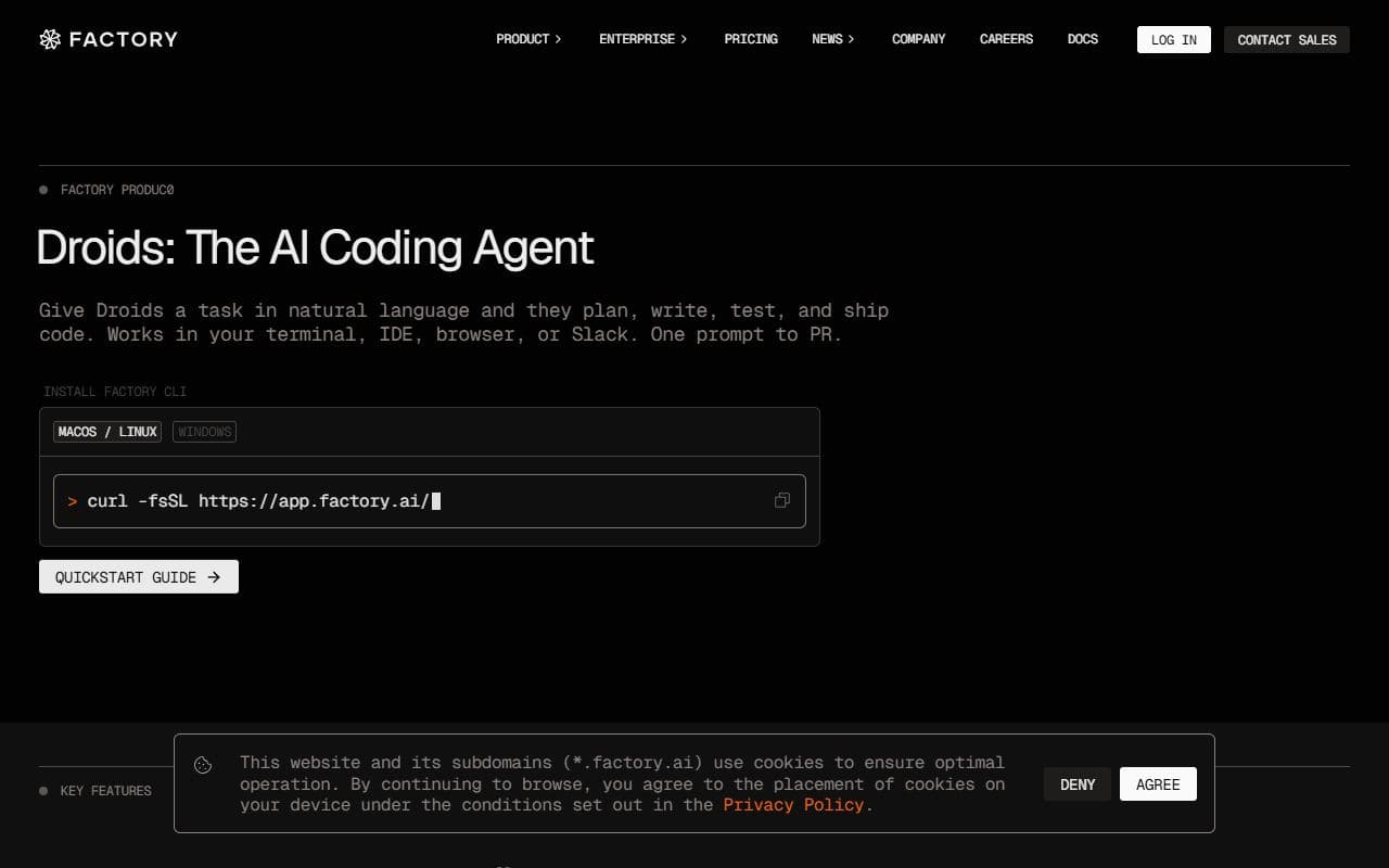 Factory Droids - AI coding agents from Factory that plan, write, test, and ship code from natural language tasks.
