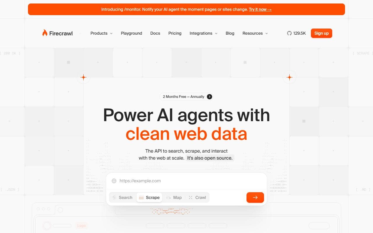 Firecrawl - Web data API for AI agents that scrape, crawl, search, and extract structured content from websites.