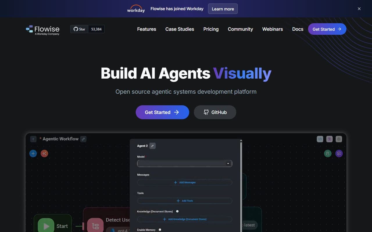 Flowise - Low-code visual builder for LLM flows, agents, tools, and retrieval workflows.