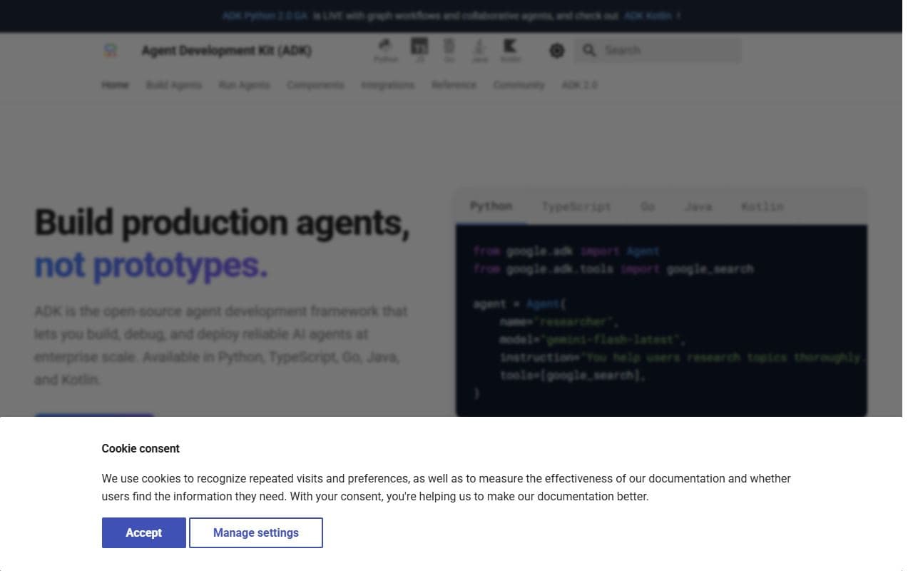 Google ADK - Google Agent Development Kit documentation and tooling for building, evaluating, and deploying AI ag