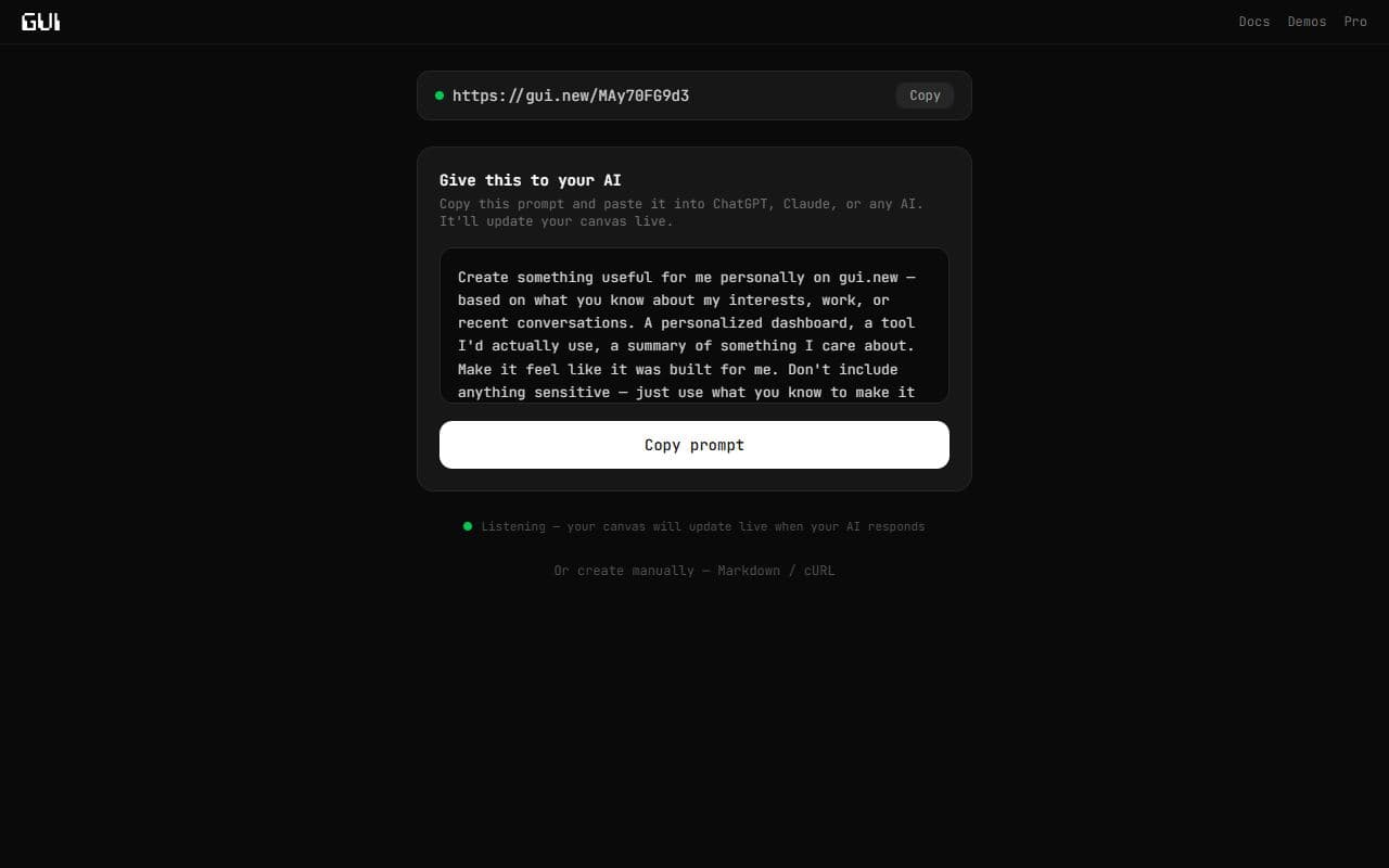 gui.new - Hosted visual pages and shareable links for agent-generated interfaces.