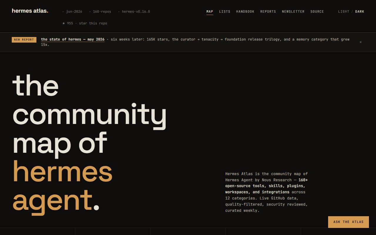 Hermes Atlas - Community map and directory of Hermes Agent tools, skills, repositories, and ecosystem resources.
