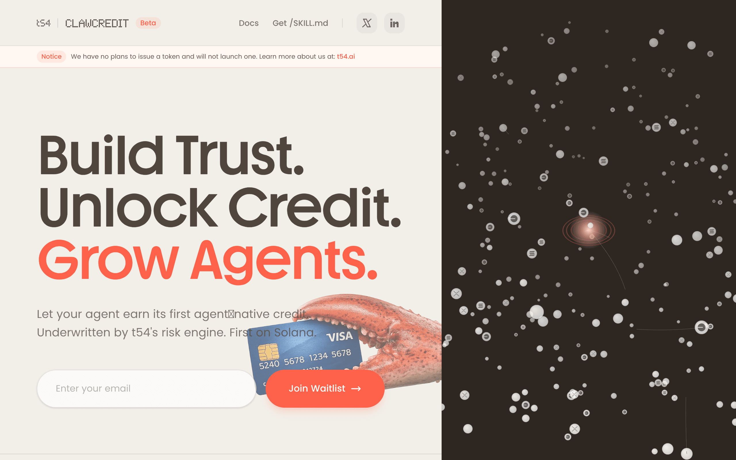 ClawCredit - Let your agent earn its first agent‑native credit. Underwritten by t54's risk engine. First on Solan