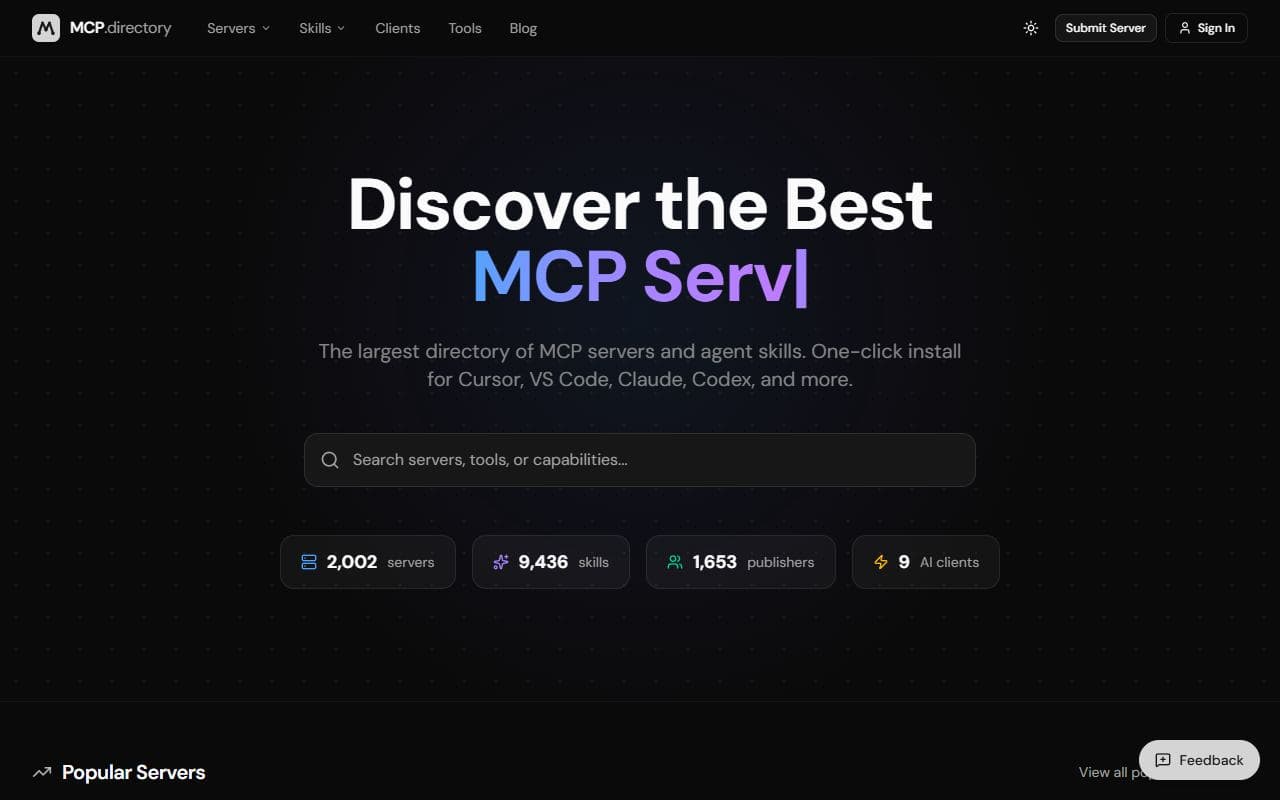 MCP.Directory - Large directory of MCP servers and agent skills for discovering integrations available to AI assista