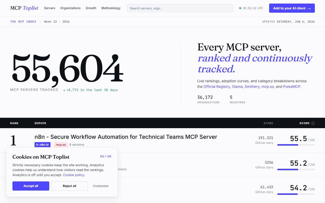 MCP Toplist - Ranking and comparison site for MCP servers across registries, usage signals, and repository metadat