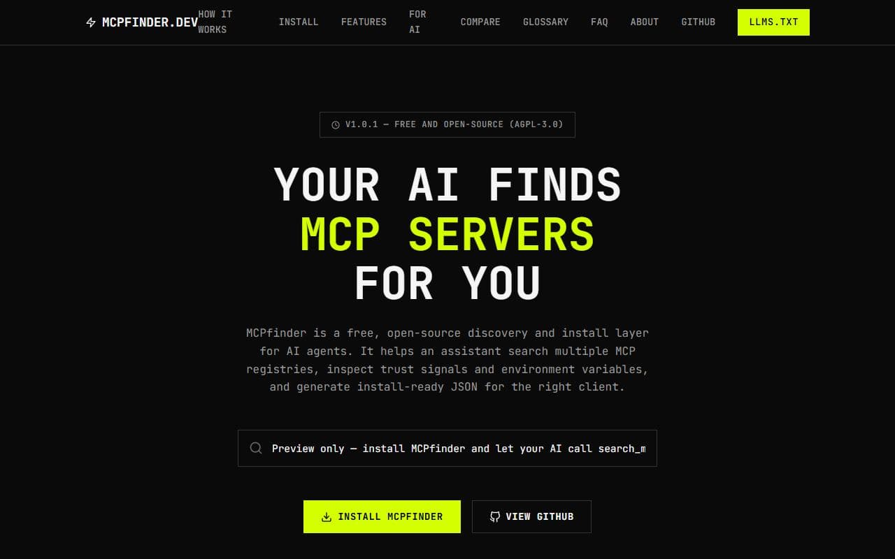 MCPfinder - MCP discovery and installation assistant that aggregates server data for agent-friendly lookup.