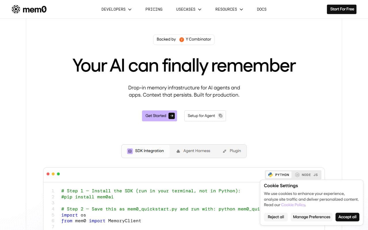 Mem0 - Persistent memory layer for AI agents, copilots, and coding tools that need long-term context.