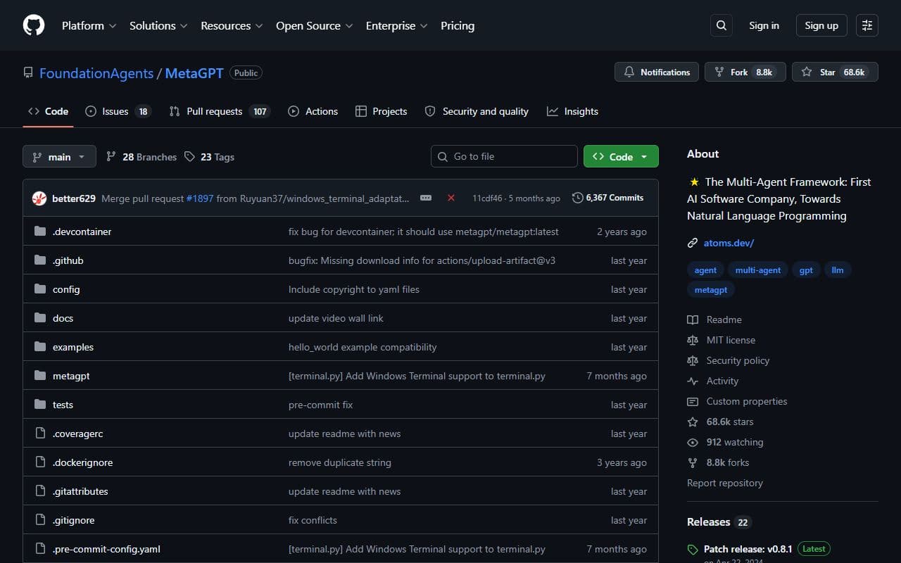MetaGPT - Open-source multi-agent framework that simulates software company roles and collaborative agent work