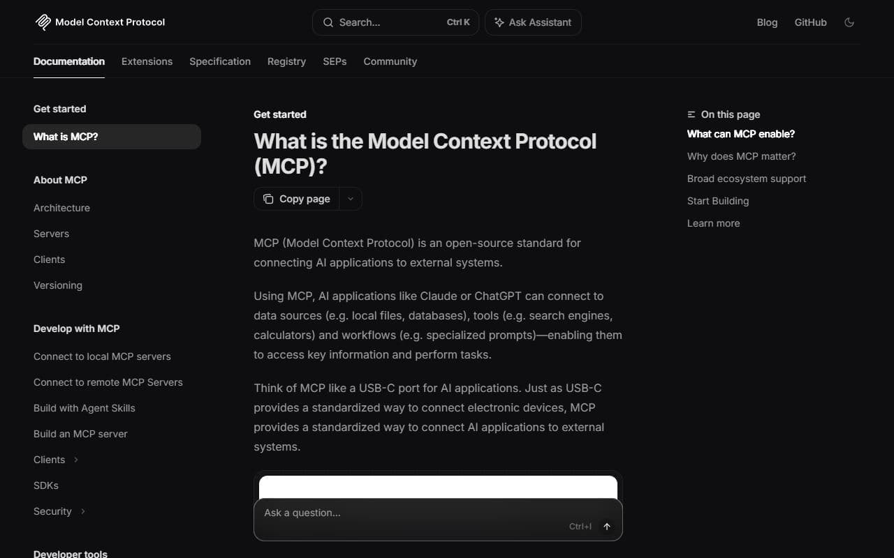 Model Context Protocol - Open standard and documentation for connecting AI agents and assistants to external tools, data sour