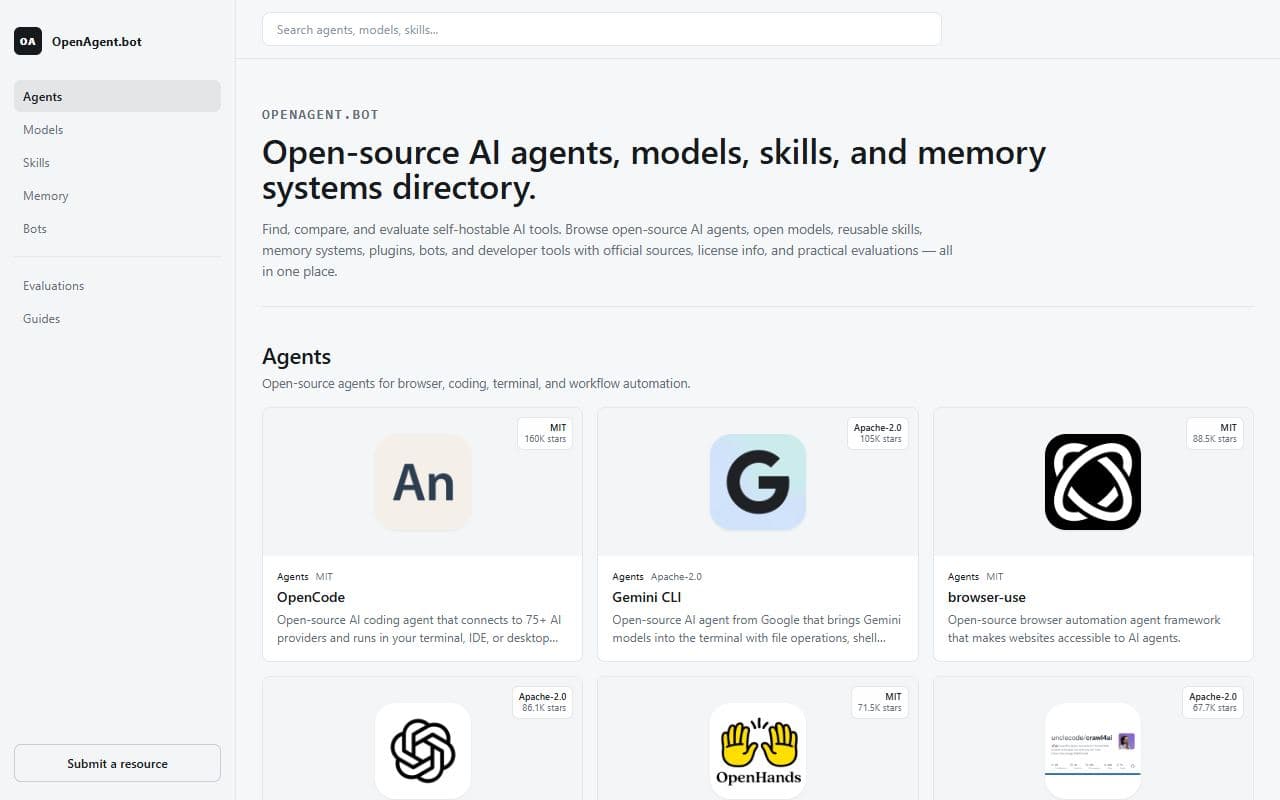 OpenAgent.bot - Directory for open-source AI agents, models, skills, memory systems, plugins, bots, and developer to
