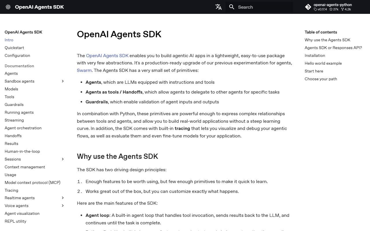 OpenAI Agents SDK - Python framework for building multi-agent workflows with handoffs, tools, tracing, and guardrails.