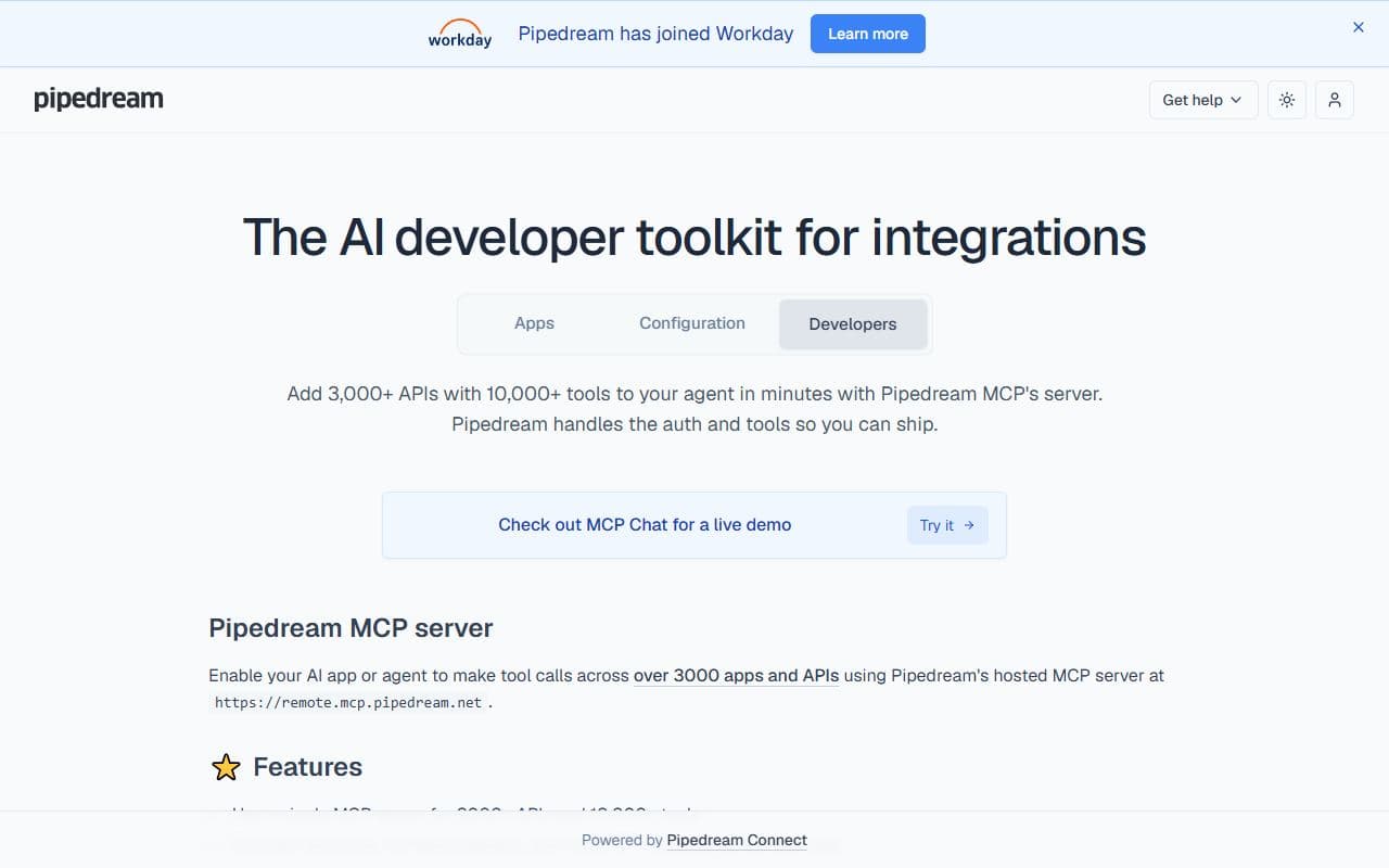 Pipedream MCP - Hosted MCP server that gives AI agents access to thousands of APIs, app integrations, and managed OA
