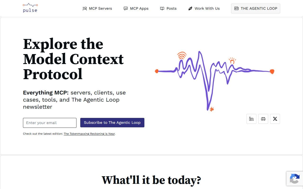 PulseMCP - Directory and discovery site for MCP servers, clients, news, and agent tool ecosystem resources.