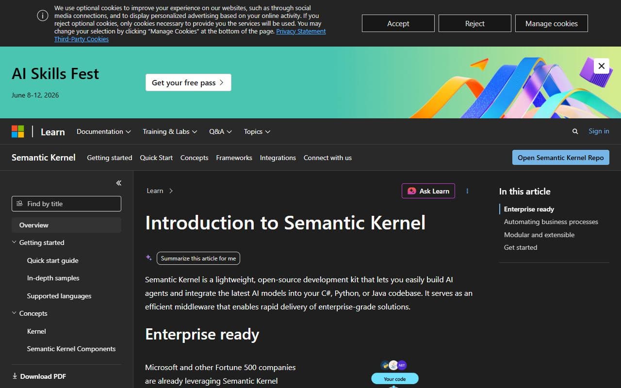 Semantic Kernel - Microsoft SDK for building AI agents and integrating planners, tools, memory, and model orchestratio