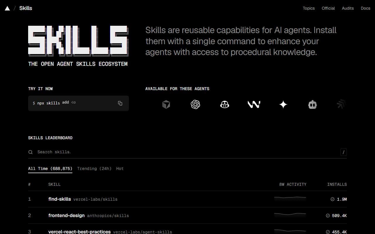 skills.sh - Public registry for discovering, installing, and sharing reusable AI agent skills.
