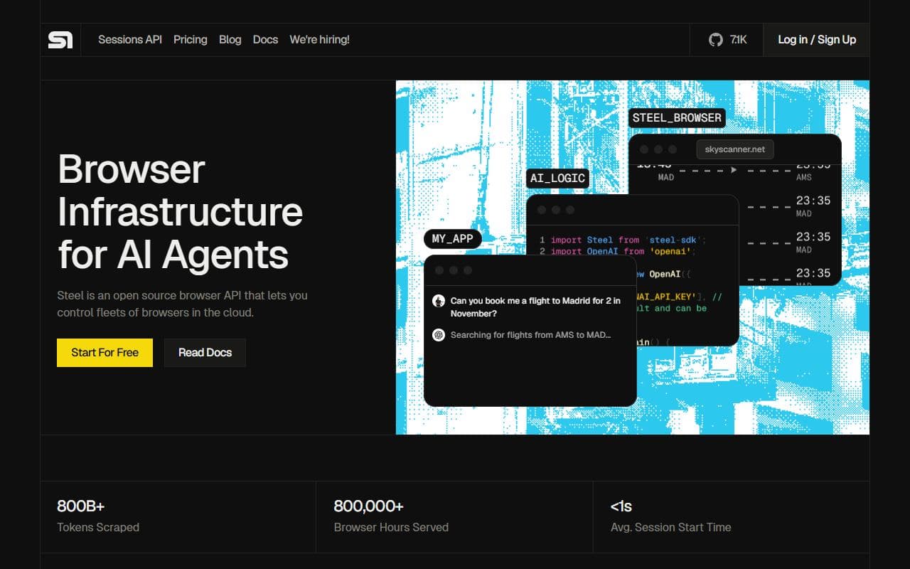 Steel - Headless browser API and browser infrastructure for AI agents that need reliable web access.