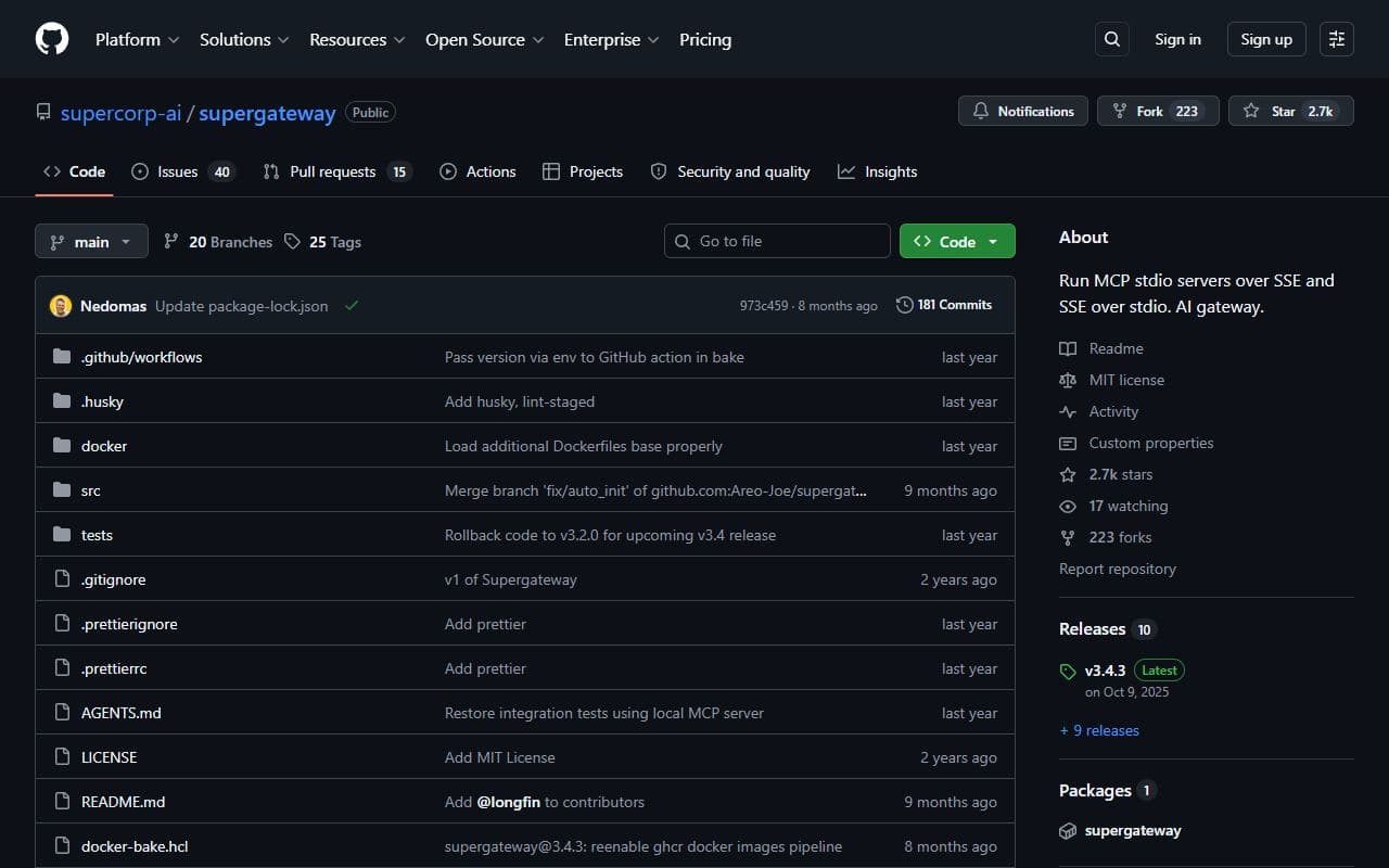 Supergateway - Open-source gateway that exposes MCP servers over SSE or streamable HTTP for remote agent tool acces