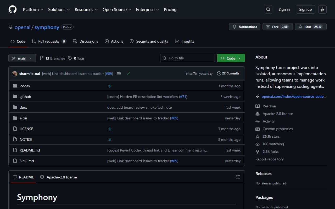 Symphony - Open-source orchestration project for autonomous implementation runs and agentic execution workflows