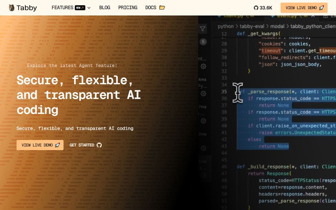Tabby - Self-hosted AI coding assistant with code completion, chat, and agent capabilities that can run on p