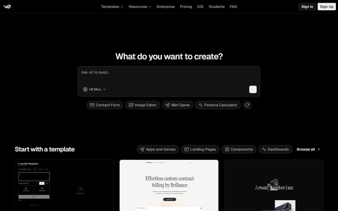 v0 - Vercel AI app builder for generating, editing, and shipping frontend and full-stack web applications