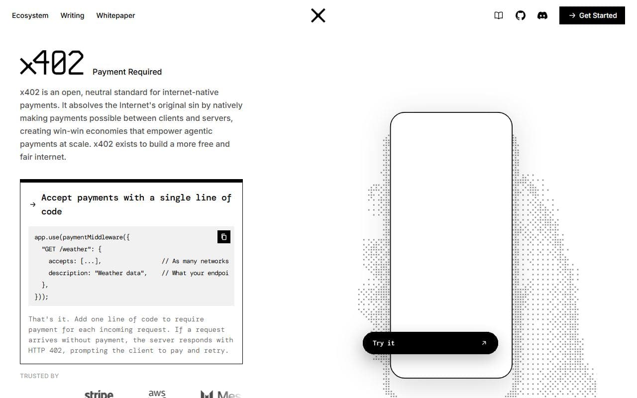 x402 - Open payment protocol for HTTP-based machine-to-machine and agent-to-service payments.
